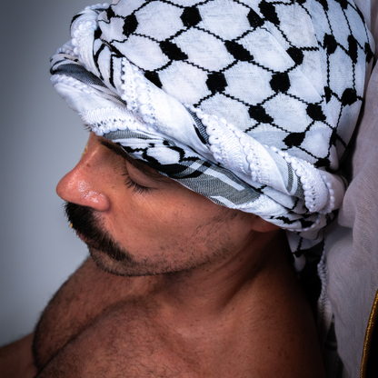 Black-and-white Palestinian keffiyeh pattern detail