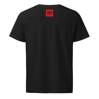 A black short-sleeve t-shirt shown from the back, featuring a small red square logo with black text reading 'HDB PLZ' centered on the upper back, set against a plain white background.