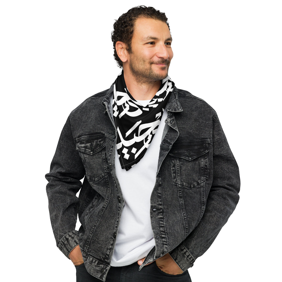 Black-and-white Habibi Arabic calligraphy bandana, styling view 2