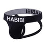 Black Habibi Jockstrap with white English HABIBI lettering, shown on a white background