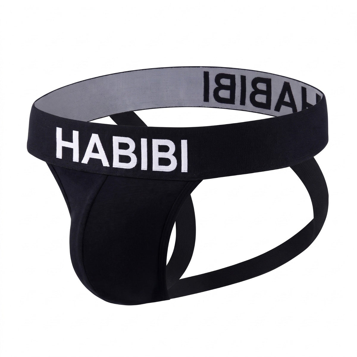 Black Habibi Jockstrap with white English HABIBI lettering, shown on a white background