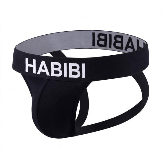 Black Habibi Jockstrap with white English HABIBI lettering, shown on a white background