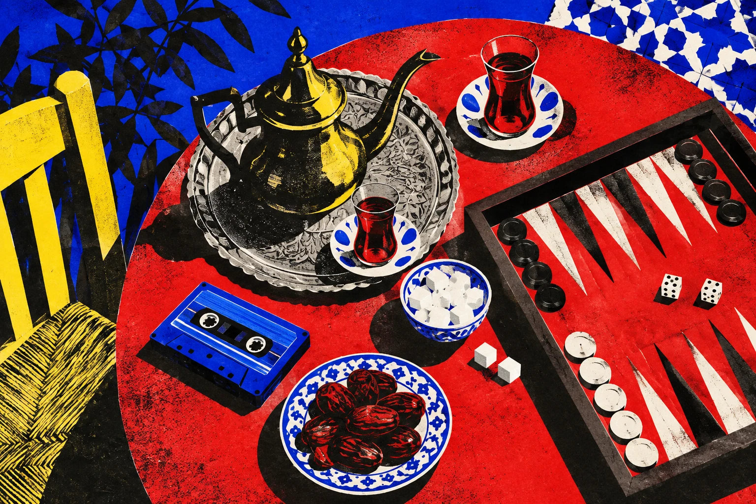 Illustration d’une table à thé avec un backgammon et une cassette